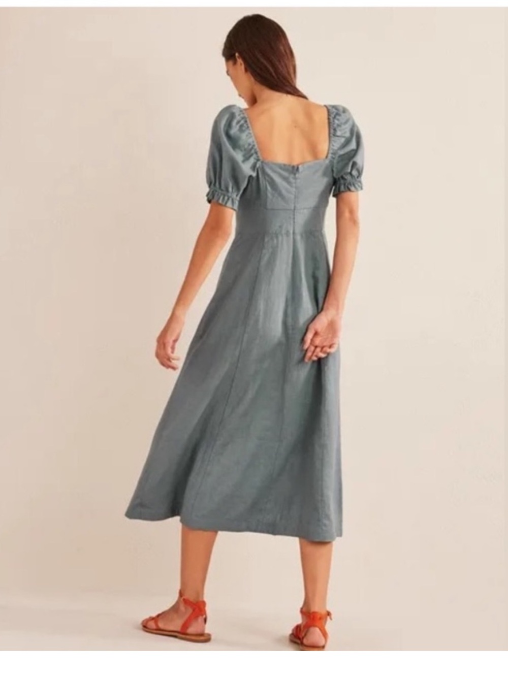 Boden linen sweetheart neck midi dress puff sleeve prairie cottagecore 16 - Picture 3 of 13